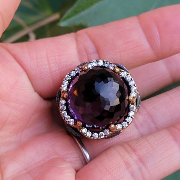 Wow huge chunky cocktail ring with multifaceted amethyst glass orb ornate 925 - Picture 11 of 14
